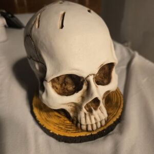 Decorative Skull Knife Holder on Wooden Base